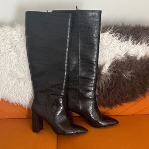 H&M Glossy Black Croc-Embossed Heeled Boots